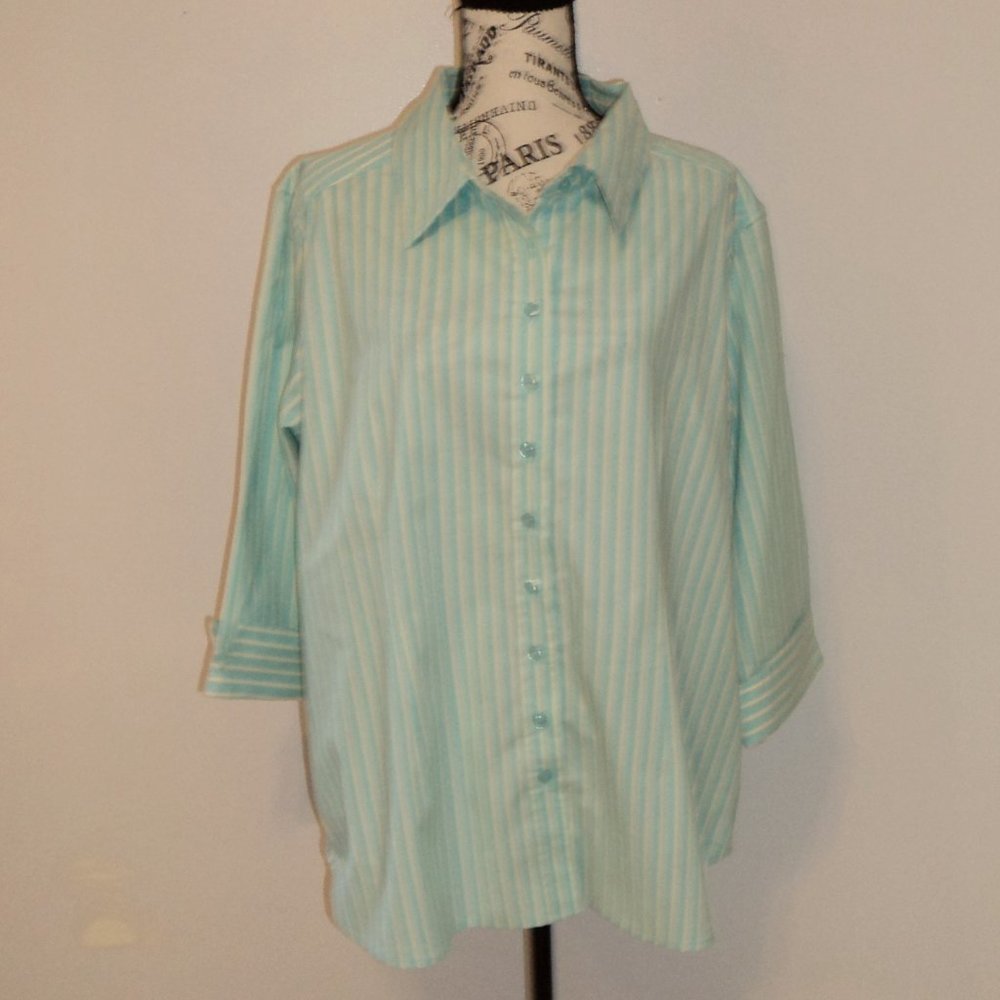 NWT Deni & Co QVC Woman Plus 1X Blouse Top Aqua Blue White Striped 3/4 Sleeves